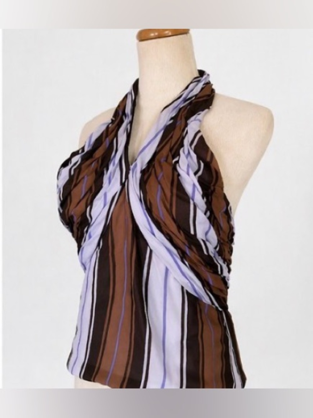 [Carolina Herrera] Silk Halter Top Brown Striped Open Back NWT Sz 6 Designer